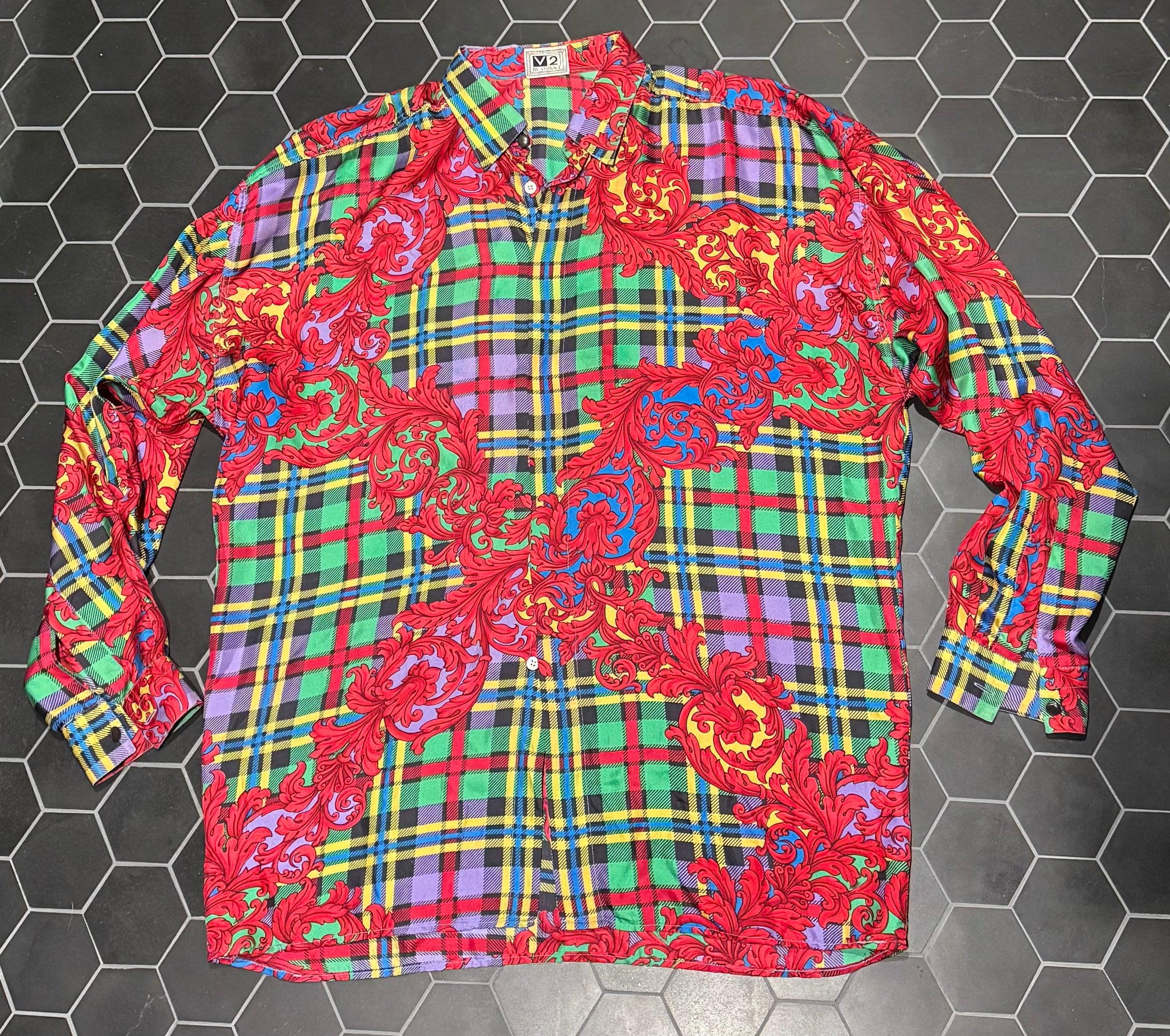 vintage 1990s VERSACE plaid silk shirt tunic OVERSIZED Unisex M-L