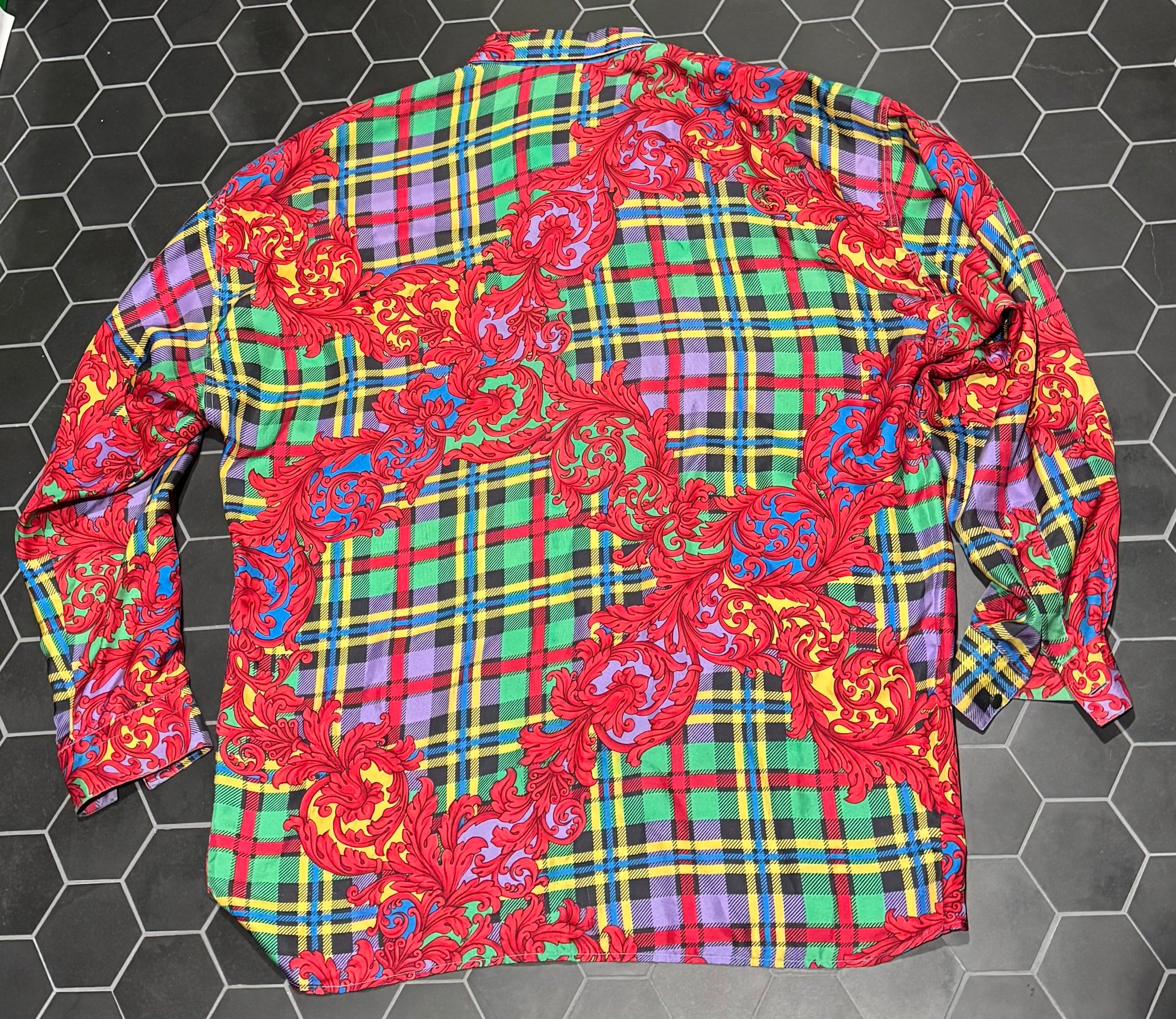 vintage 1990s VERSACE plaid silk shirt tunic OVERSIZED Unisex M-L