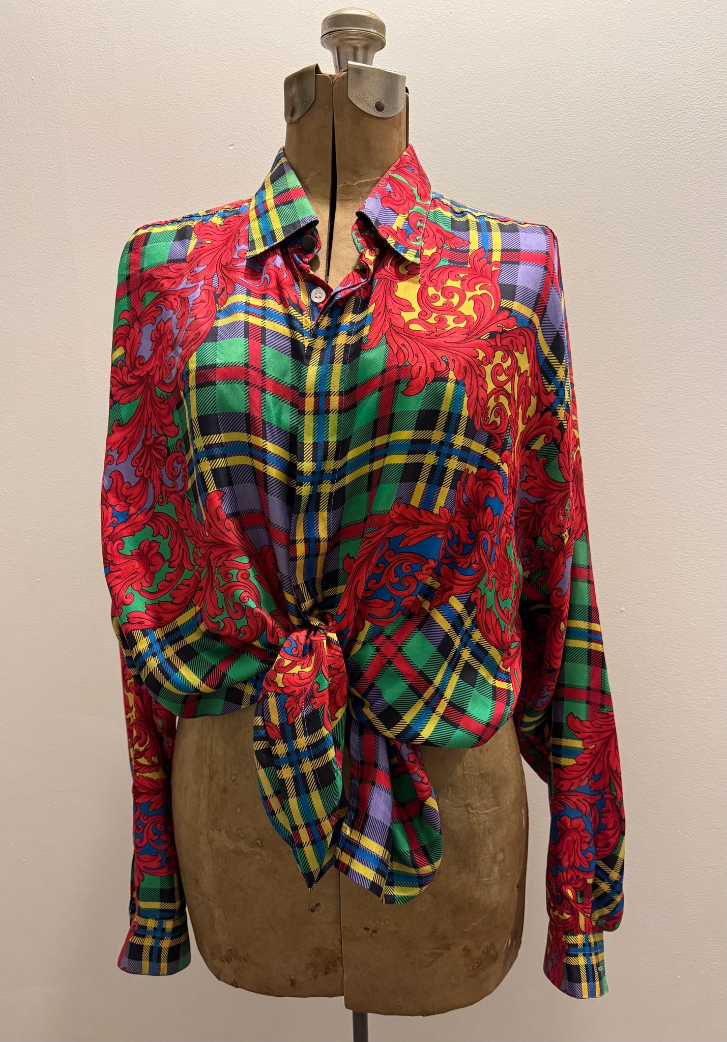 vintage 1990s VERSACE plaid silk shirt tunic OVERSIZED Unisex M-L