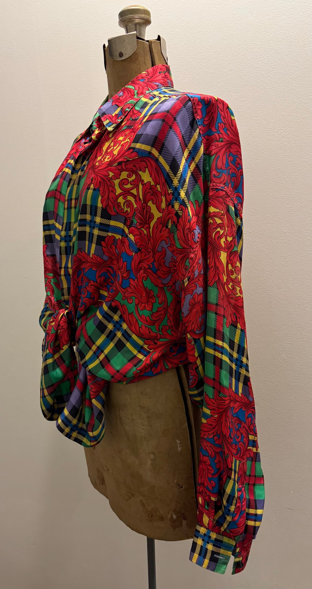 vintage 1990s VERSACE plaid silk shirt tunic OVERSIZED Unisex M-L