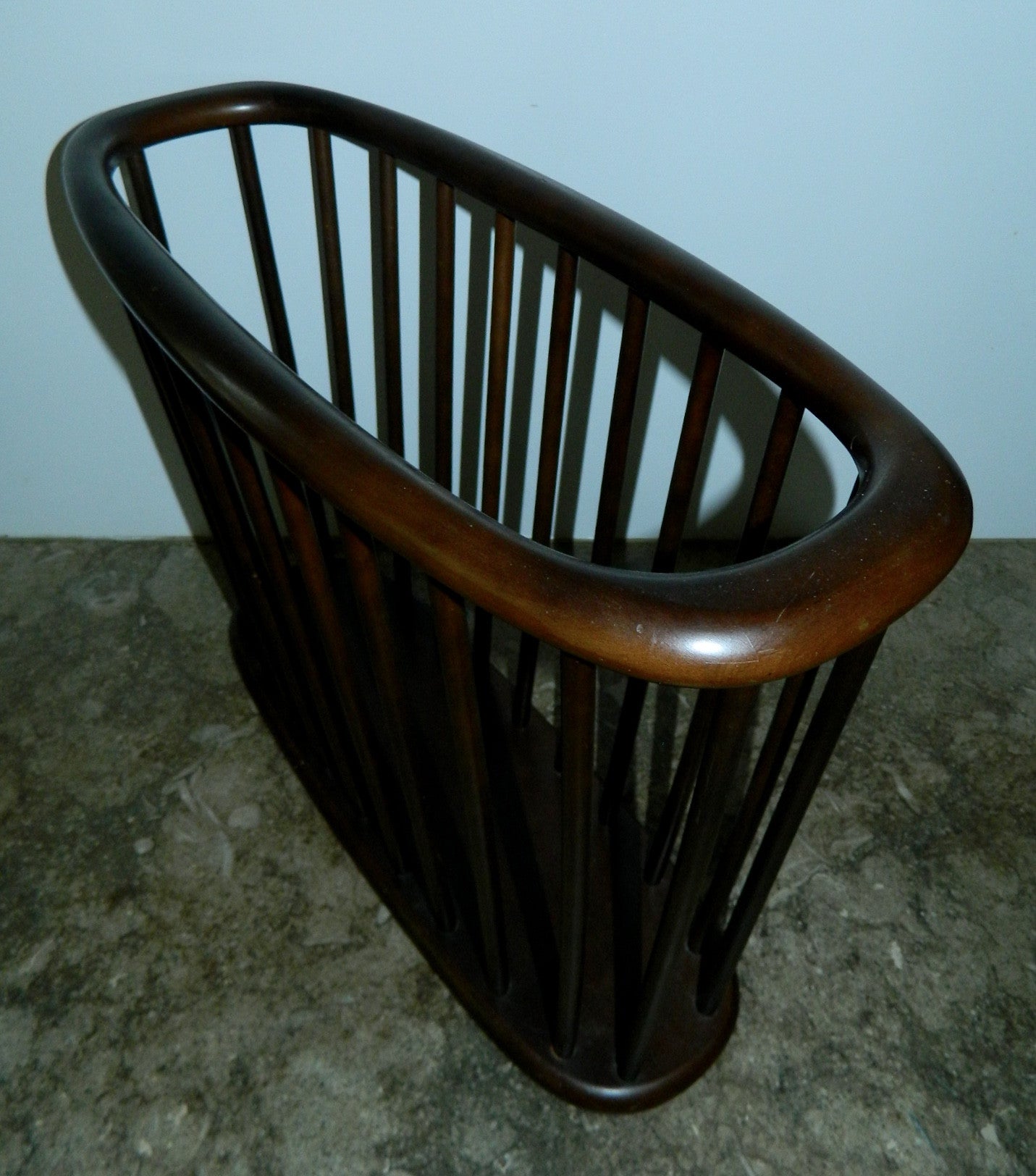 vintage MCM walnut magazine rack wood basket 1960s decor