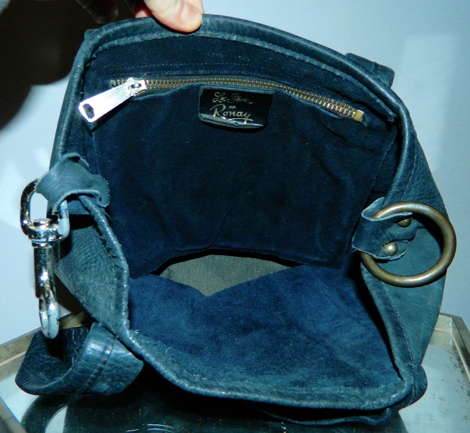 vintage blue saddle leather tote bag Lee Stemer for Ronay handbag purse 1970s