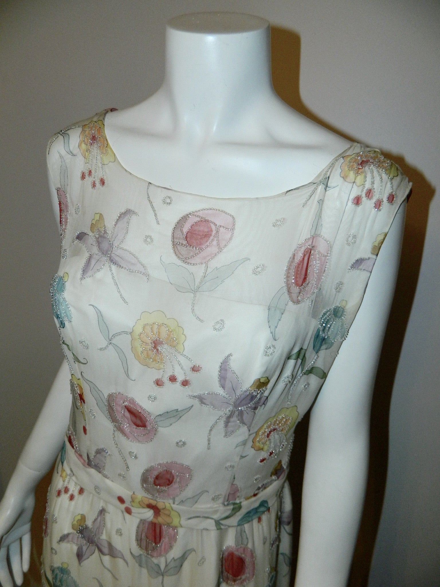 vintage 1950s silk chiffon beaded dress Jobere New York floral print wedding gown M