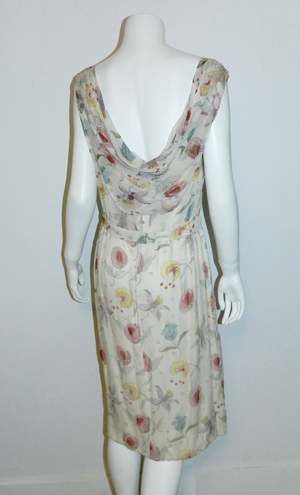 vintage 1950s silk chiffon beaded dress Jobere New York floral print wedding gown M