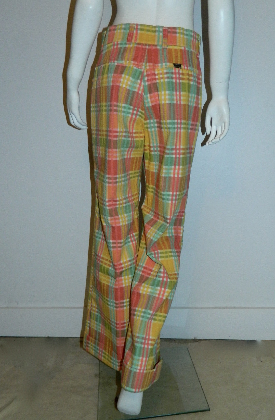 vintage plaid seersucker pants / 1970s pastel Wrangler jeans / wide leg cuffed trousers