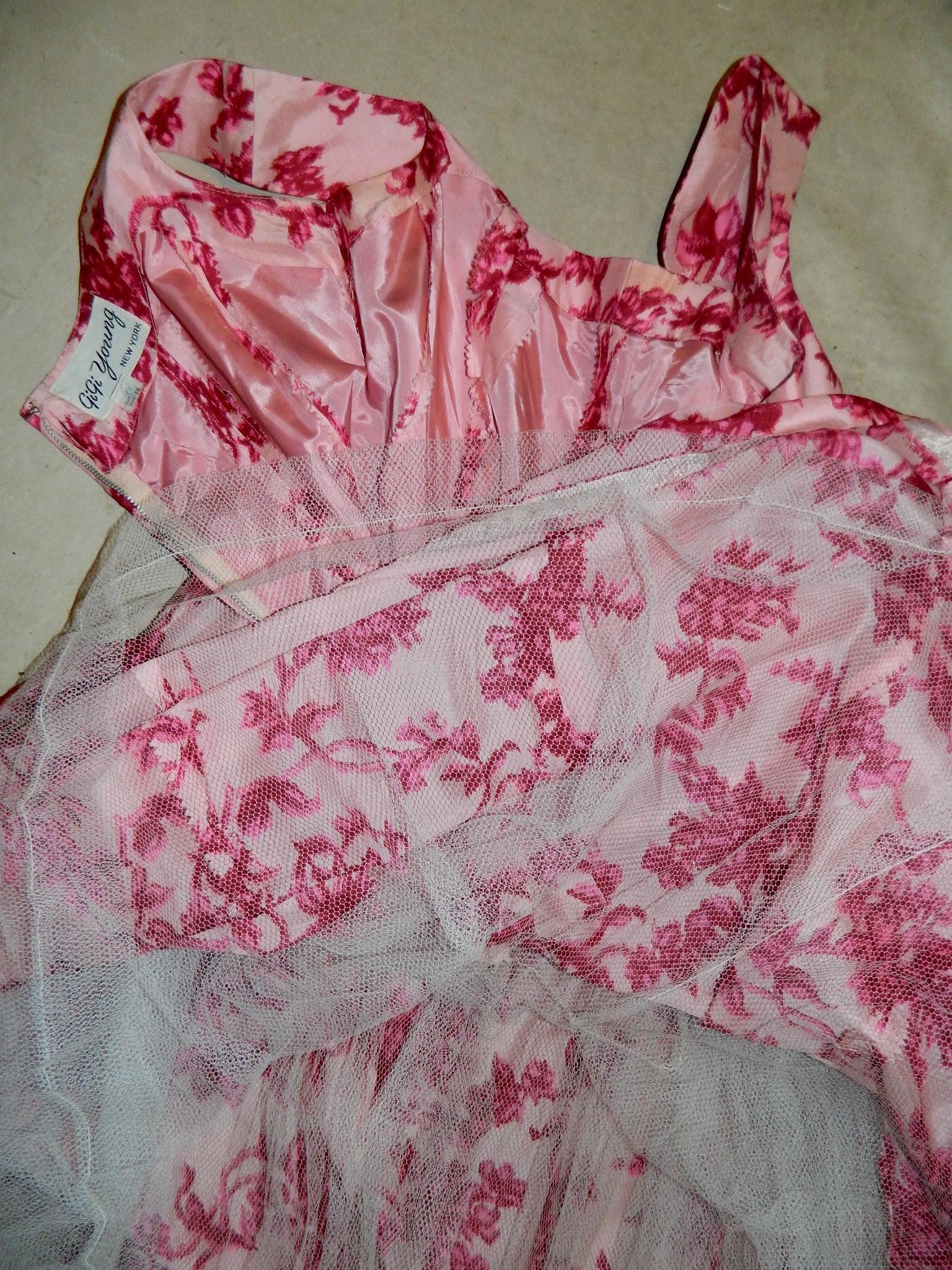 vintage GiGi Young dress / 1960s silk shantung / pink flowers full skirt M