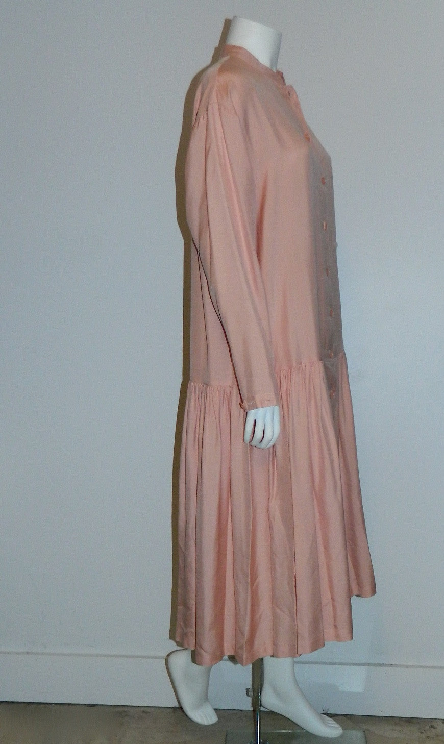 vintage silk dress / 1980s pink Arlequin PARIS drop waist shirtdress OS