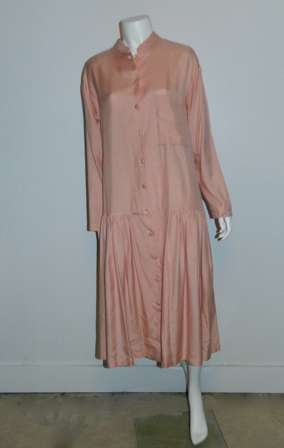 vintage silk dress / 1980s pink Arlequin PARIS drop waist shirtdress OS