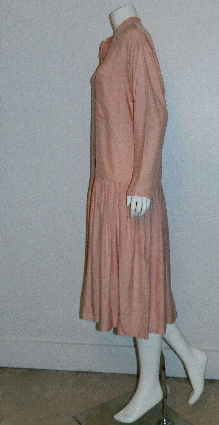 vintage silk dress / 1980s pink Arlequin PARIS drop waist shirtdress OS