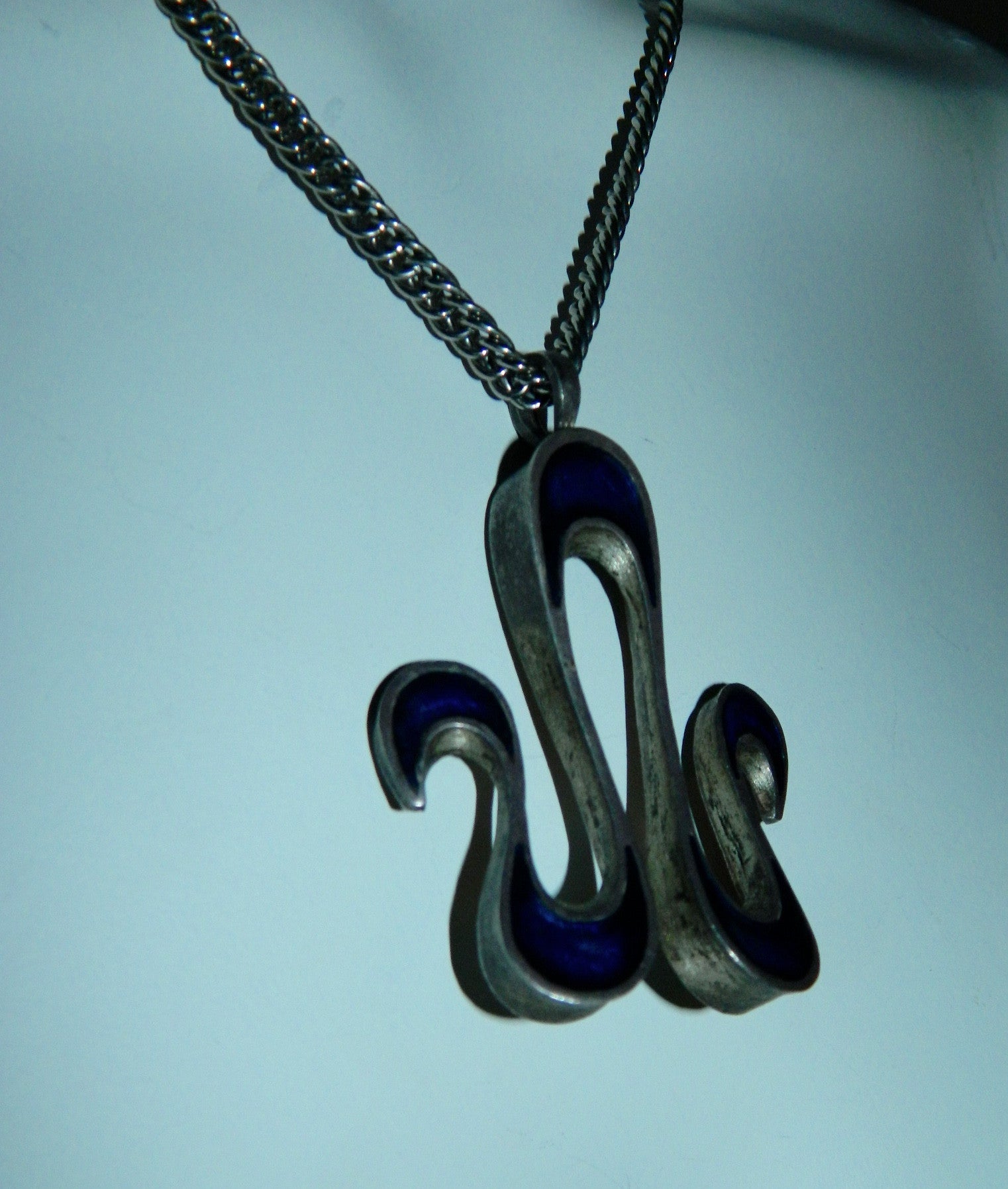 vintage 1960s enamel necklace / Aries Zodiac sign Ram / blue waves pendant MCM