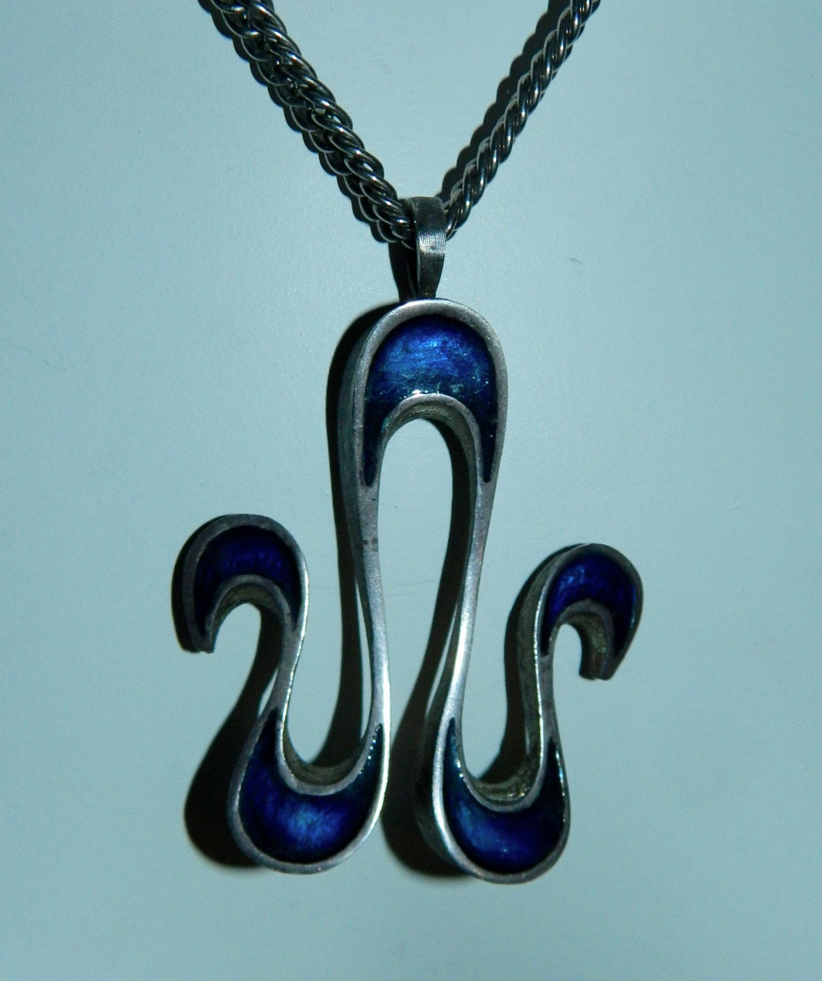 vintage 1960s enamel necklace / Aries Zodiac sign Ram / blue waves pendant MCM