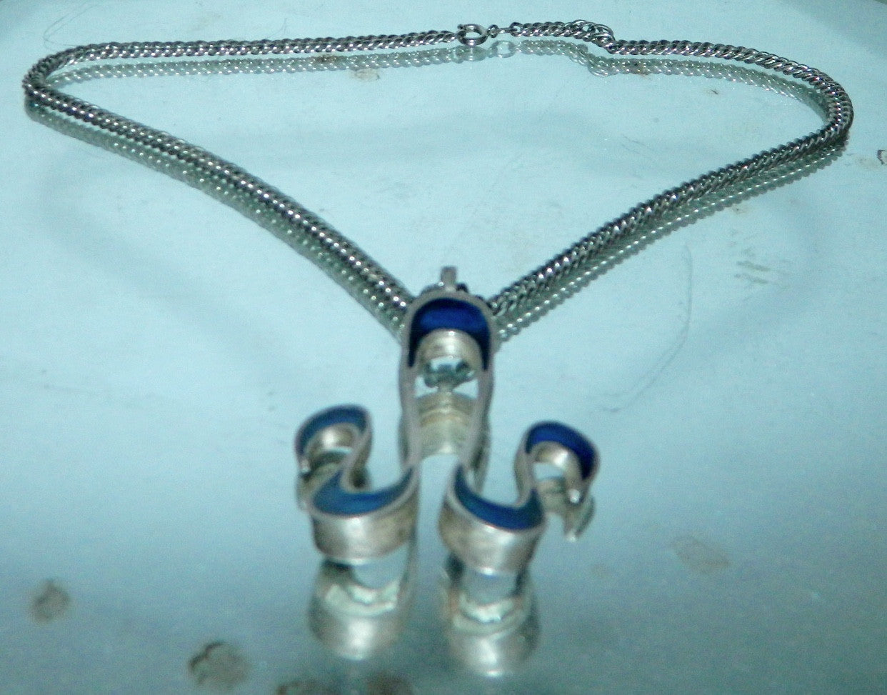 vintage 1960s enamel necklace / Aries Zodiac sign Ram / blue waves pendant MCM