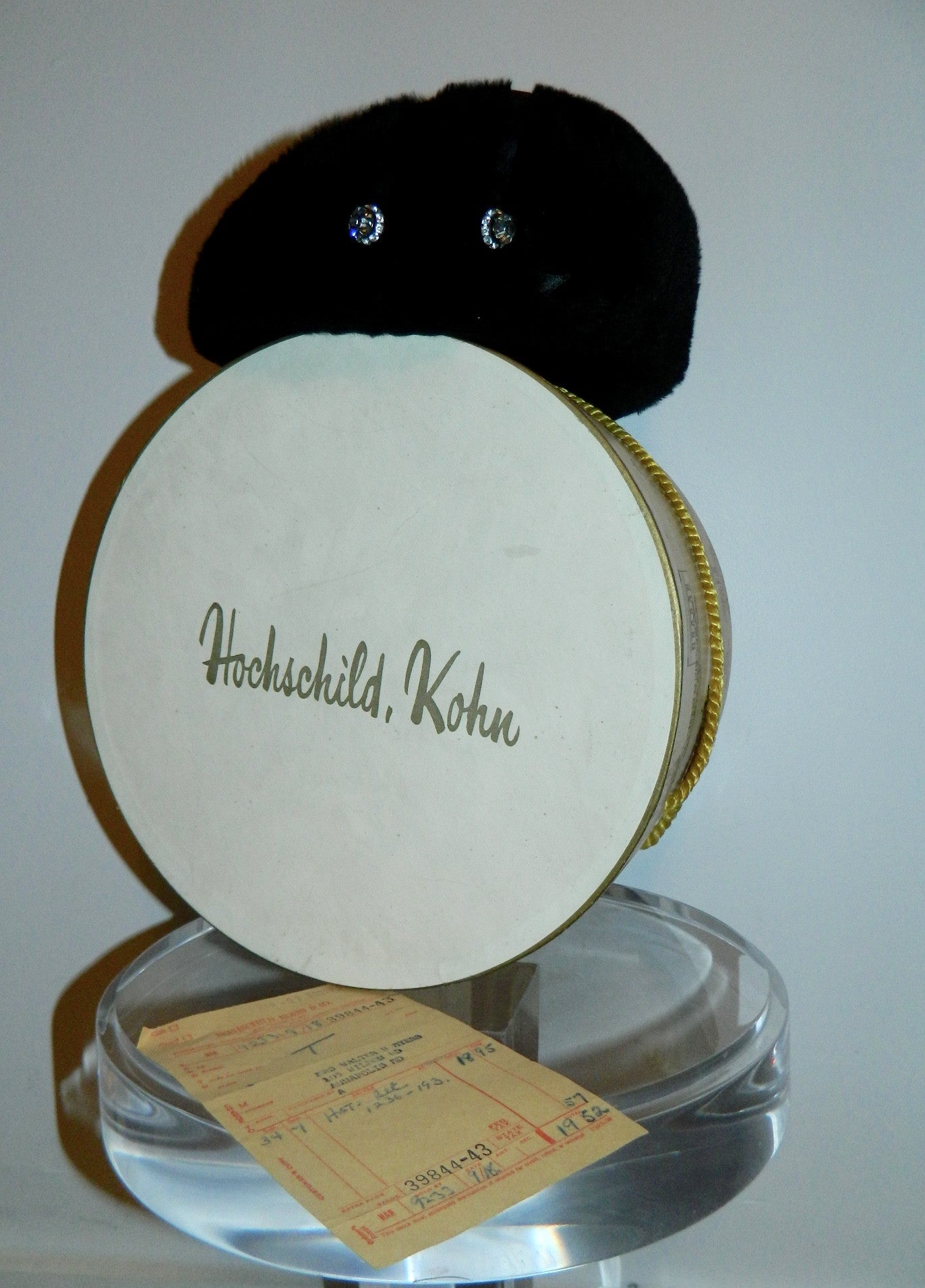 vintage SCHIAPARELLI hat / black wool 1950s pillbox fur halo hat in box receipt original tag