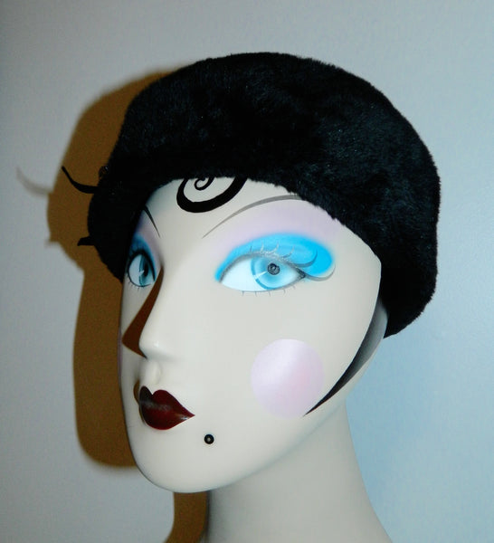 Vintage Black Rabbit Fur Halo Hat Satin Pillbox Old Hollywood Glam vintage SCHIAPARELLI hat / black wool 1950s pillbox fur halo  main image 2