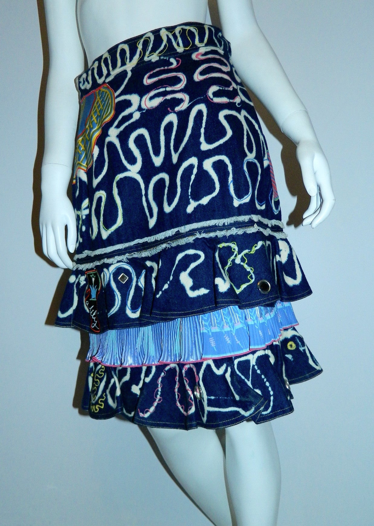 vintage Zandra Rhodes skirt 1980s bleached denim tiered hem appliqué US 10