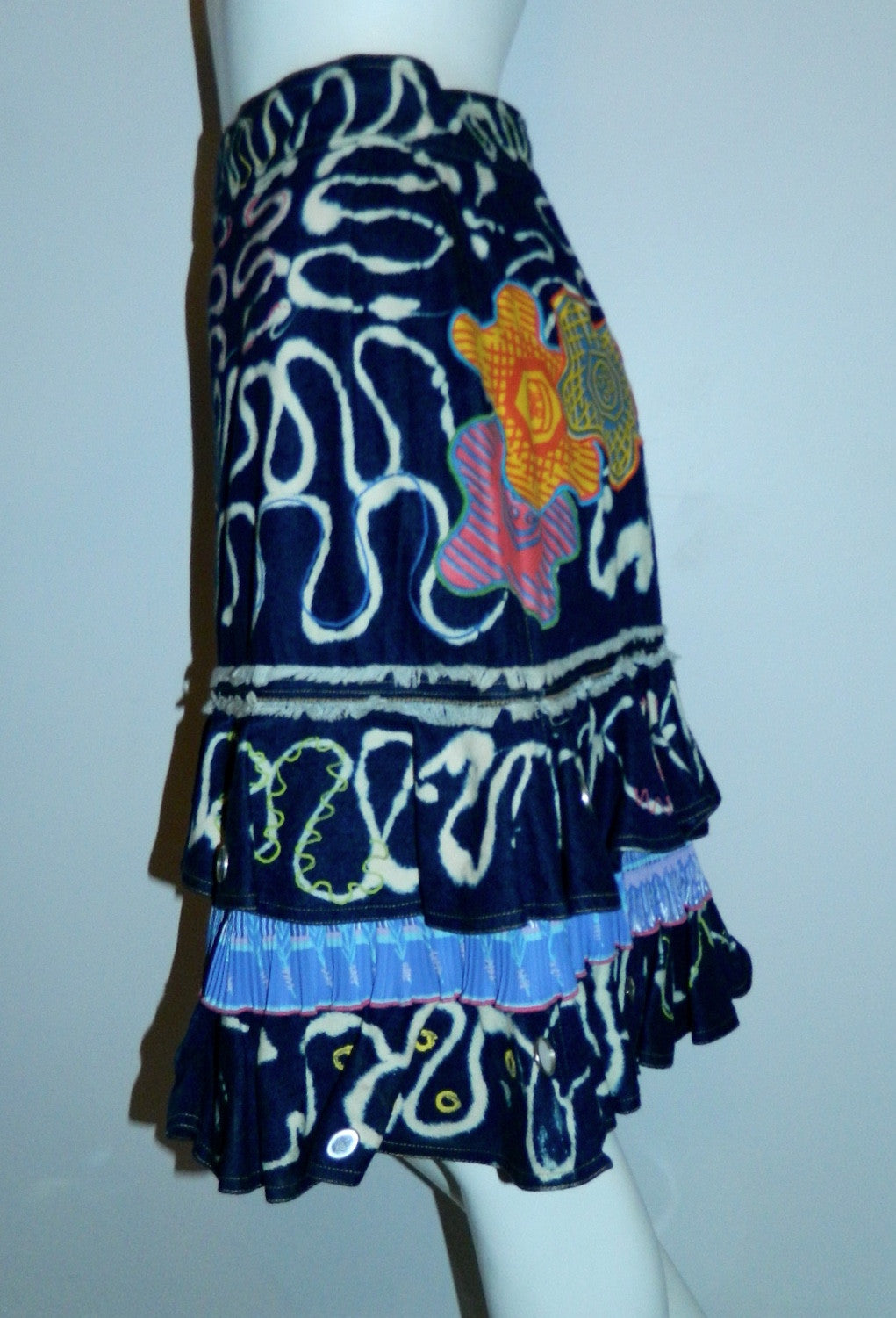 vintage Zandra Rhodes skirt 1980s bleached denim tiered hem appliqué US 10