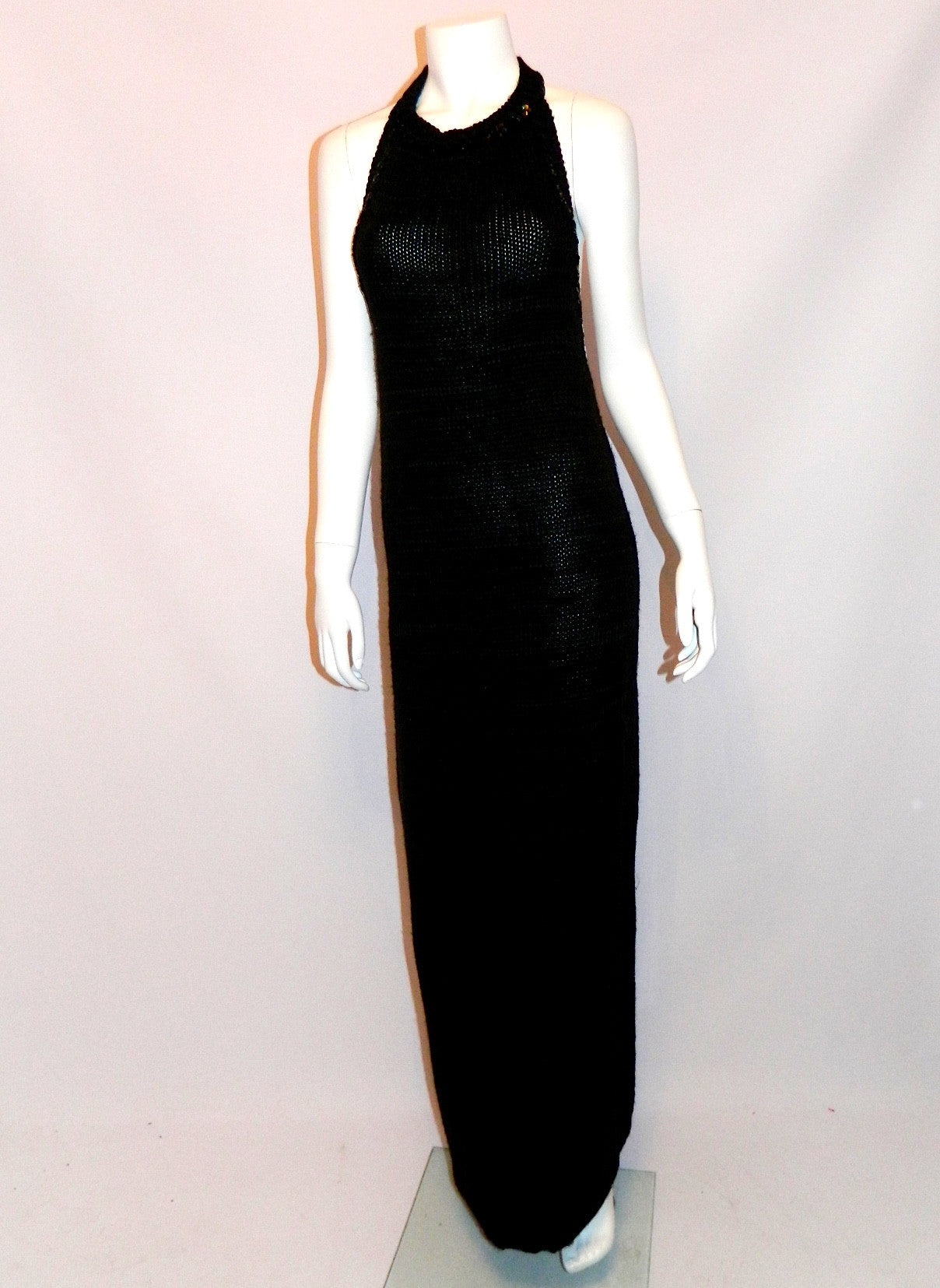 vintage COURREGES dress / 1960s MOD black crochet knit halter maxi gown XS