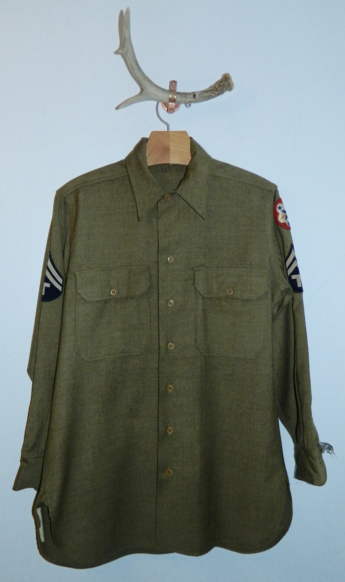 vintage 1940s US Army Coat Style OD flannel shirt T/5 Western Pacific Unit