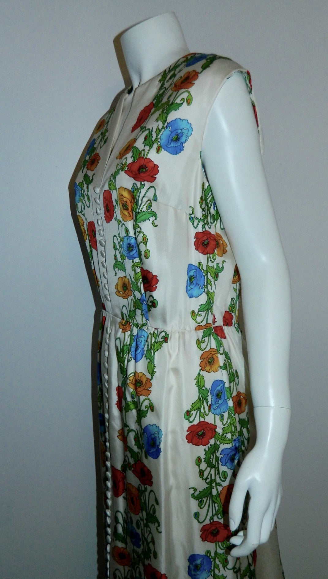 vintage silk gown 1970s Kaplan white floral maxi dress M Boho luxe wedding