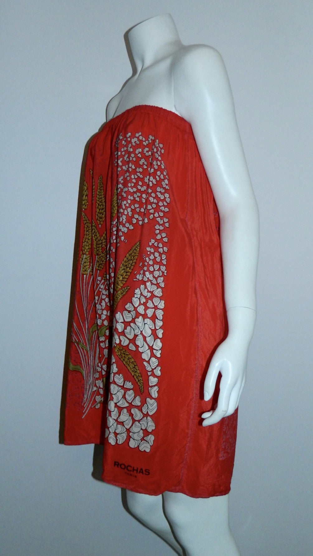 vintage silk midi skirt / 1970s ROCHAS red scarf skirt wheat fields / strapless dress OSFM