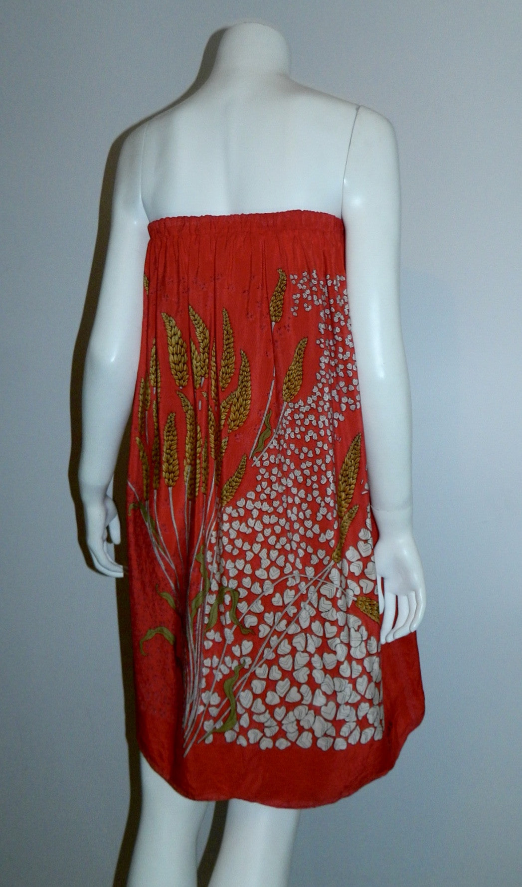 vintage silk midi skirt / 1970s ROCHAS red scarf skirt wheat fields / strapless dress OSFM