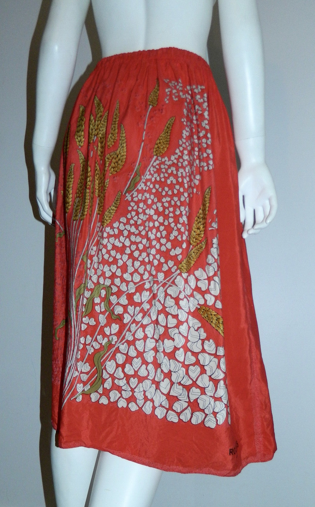 vintage silk midi skirt / 1970s ROCHAS red scarf skirt wheat fields / strapless dress OSFM