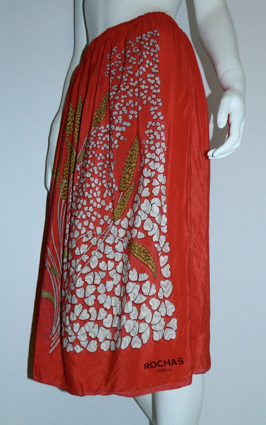 vintage silk midi skirt / 1970s ROCHAS red scarf skirt wheat fields / strapless dress OSFM