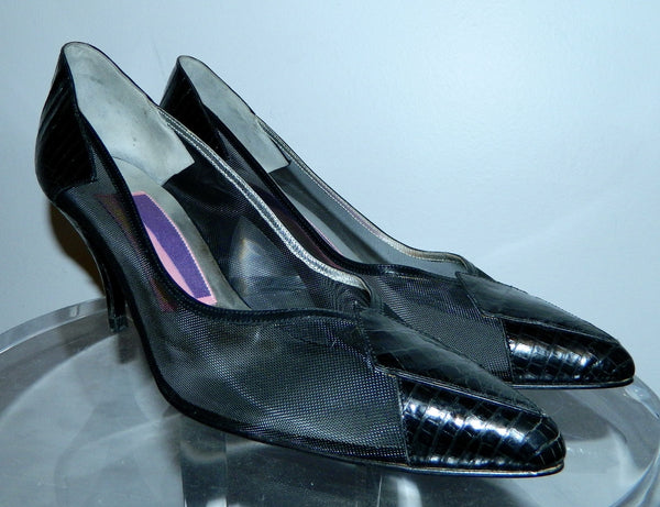 vintage black heels 1980s  Susan Bennis Warren Edwards Tegu lizard 9 1/2 B