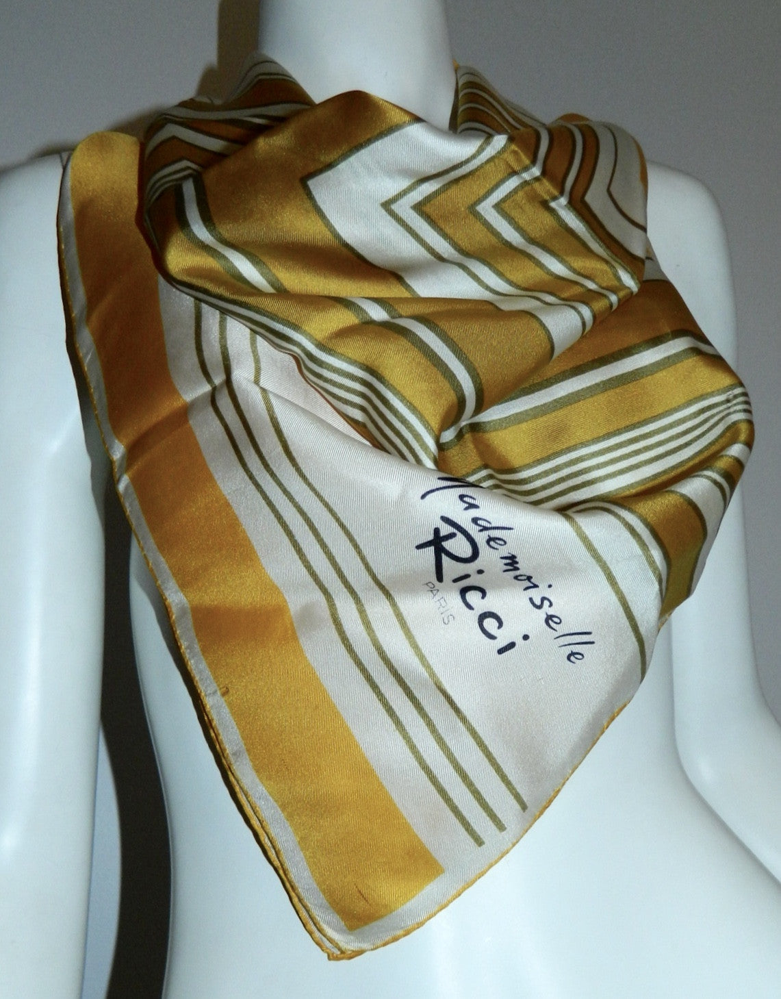 vintage Nina Ricci scarf / 1960s square silk scarf / linear geometric goldenrod silk twill