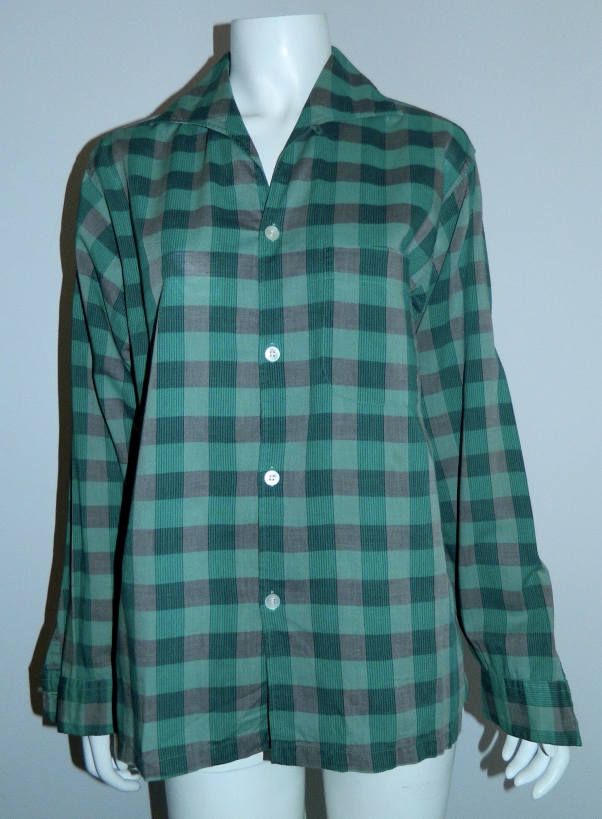 vintage 1940s teal plaid shirt Van Heusen Maggi button loop collar Mens S - M