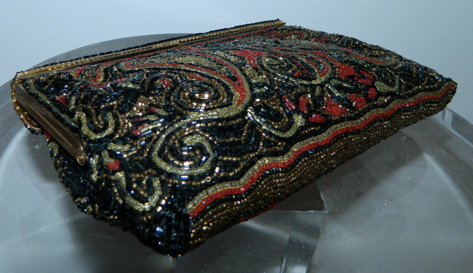 vintage black beaded evening bag 1950s WALBORG paisley clutch handbag