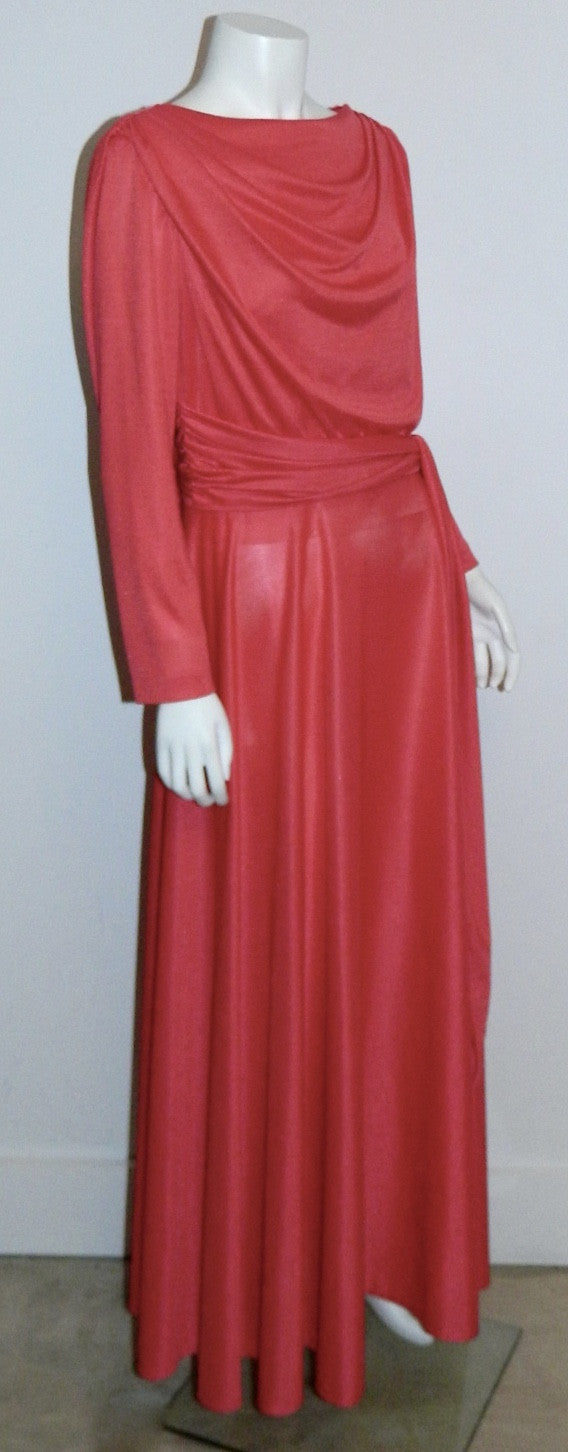 vintage 1970s jersey gown CORAL Grecian drape maxi dress Bernie Bee M L