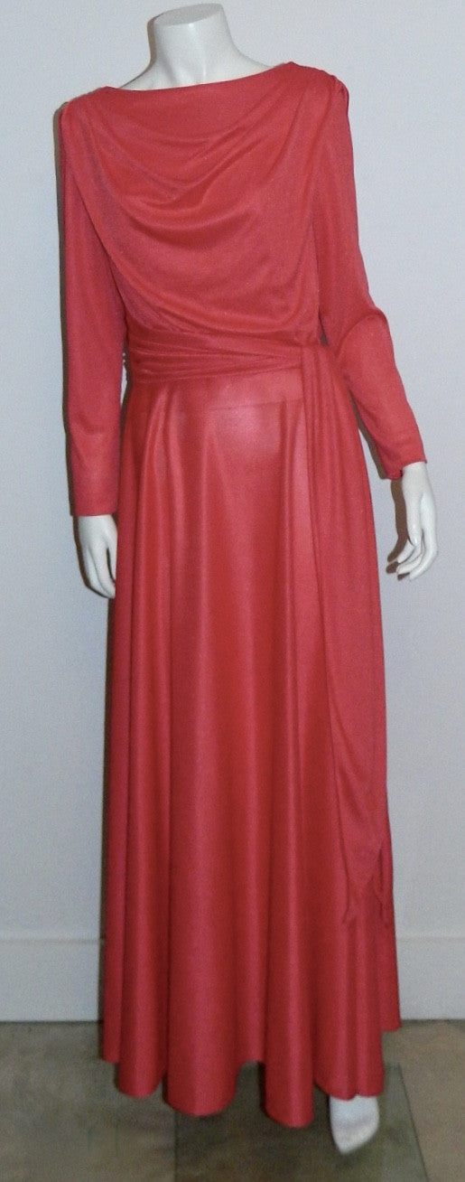 vintage 1970s jersey gown CORAL Grecian drape maxi dress Bernie Bee M L