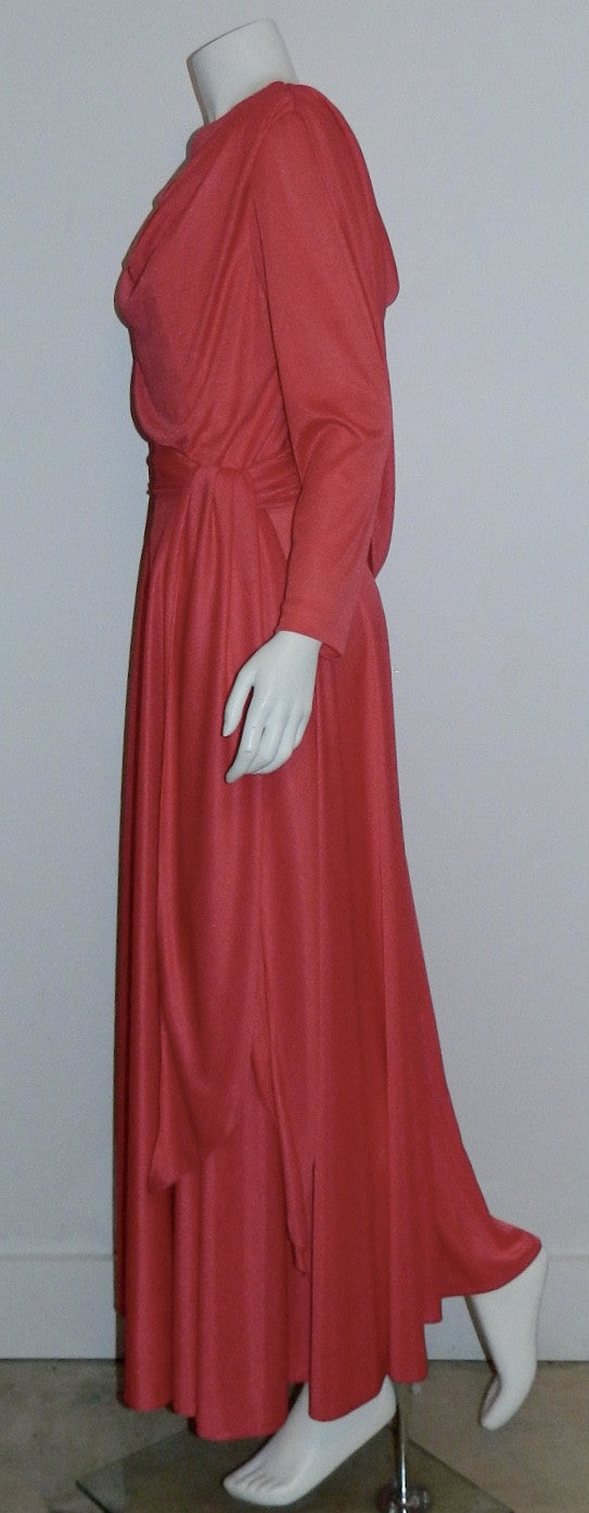 vintage 1970s jersey gown CORAL Grecian drape maxi dress Bernie Bee M L