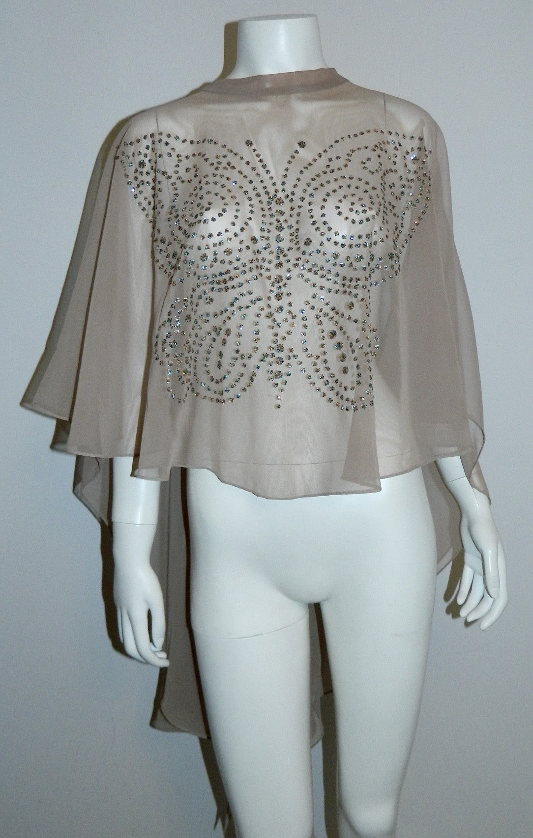 nude chiffon cape Glitter Butterfly vintage 1970s cover up capelet