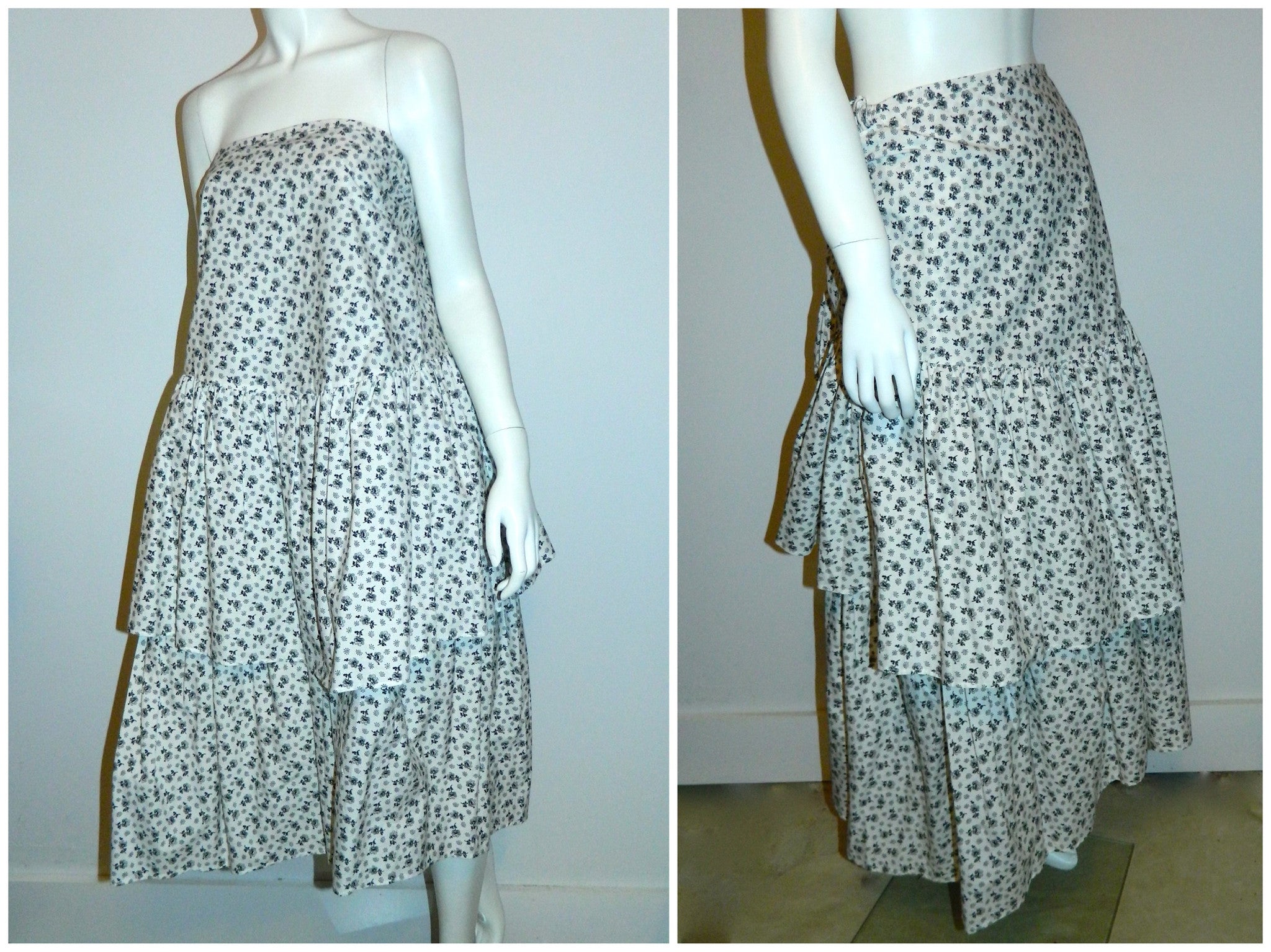 vintage white cotton KENZO floral print tiered skirt / 1980s strapless dress 40 / US Medium