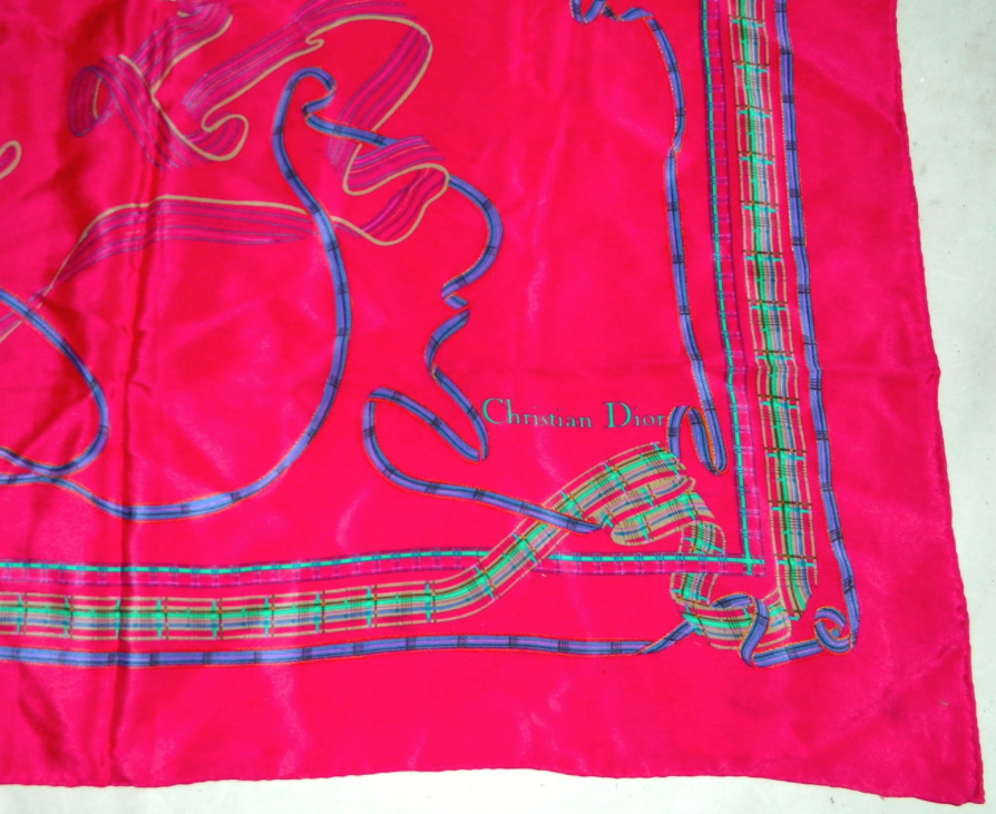 vintage 1980s silk scarf Christian Dior magenta ribbon print square scarf