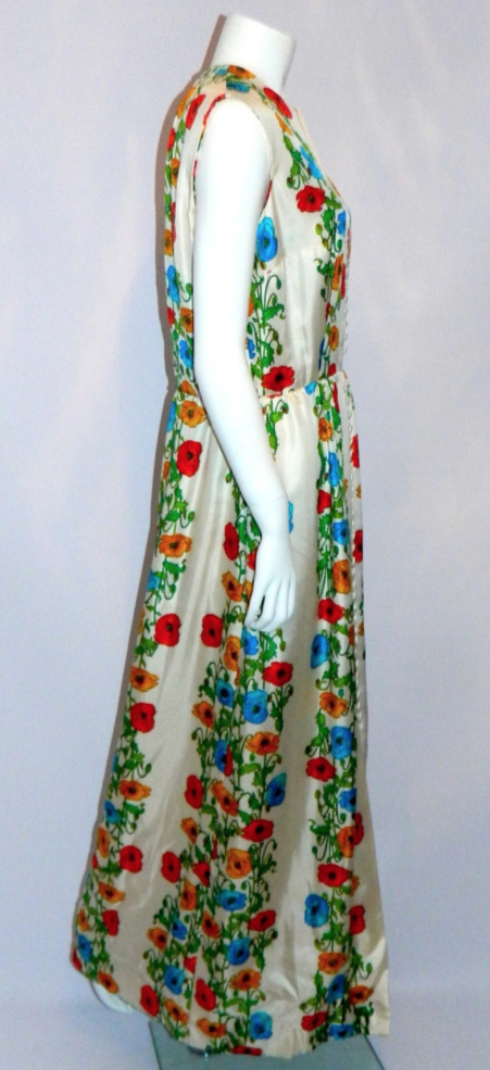vintage silk gown 1970s Kaplan white floral maxi dress M Boho luxe wedding