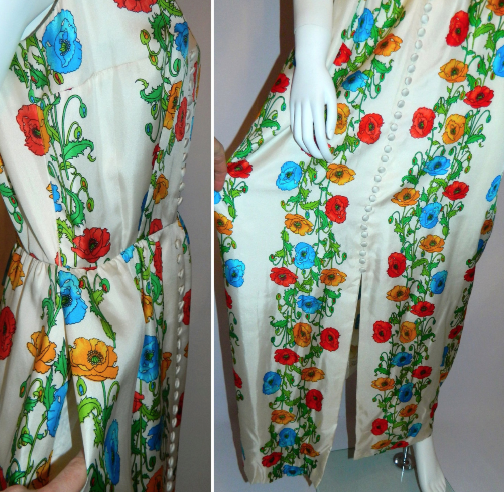 vintage silk gown 1970s Kaplan white floral maxi dress M Boho luxe wedding