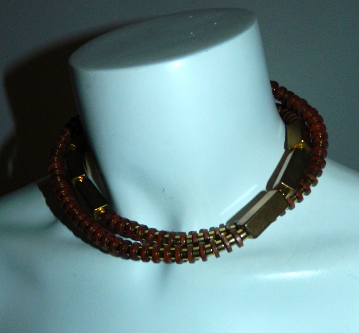 vintage 1980s necklace Yves Saint Laurent brass wood geometric YSL jewelry