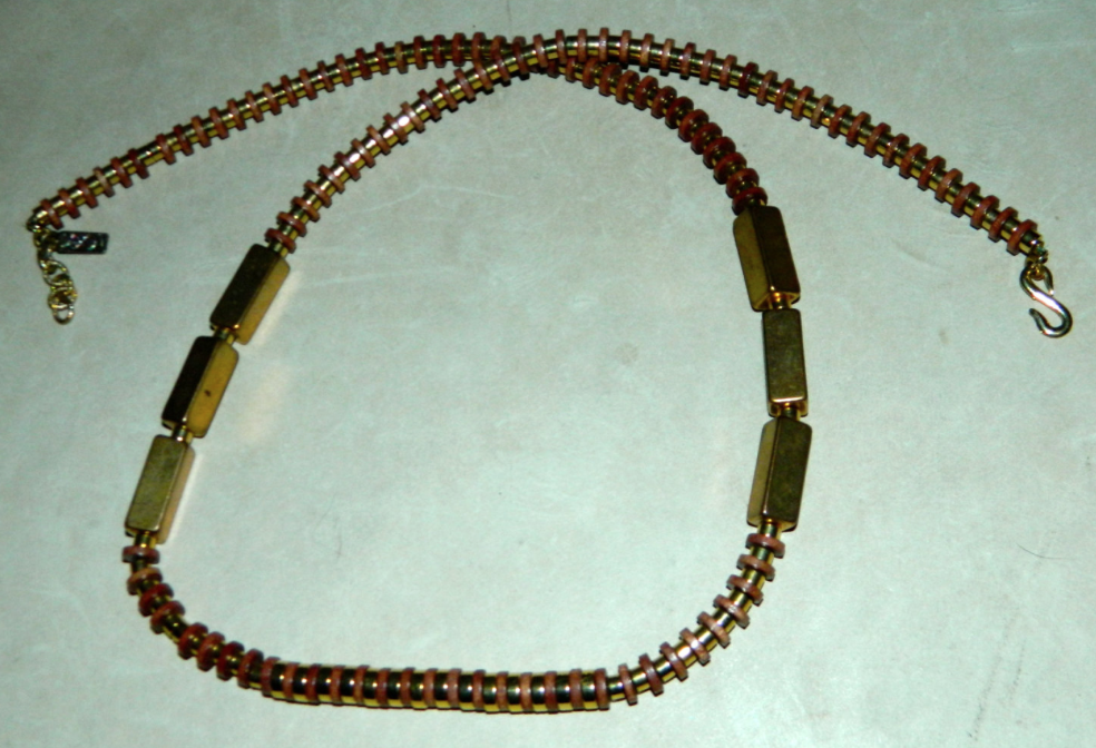 vintage 1980s necklace Yves Saint Laurent brass wood geometric YSL jewelry