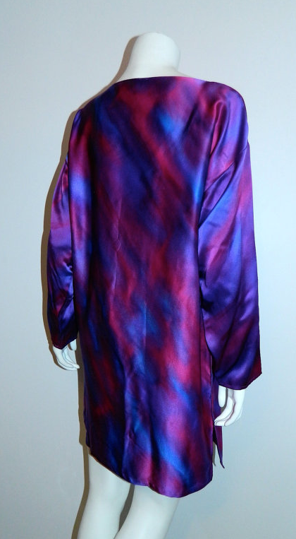 vintage 1980s purple silk satin tunic mini dress Hand Painted shirt S - M