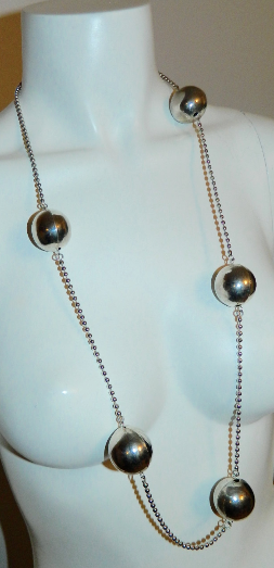 vintage 1960s MOD necklace / chrome spheres ball chain / long geometric modernist necklace