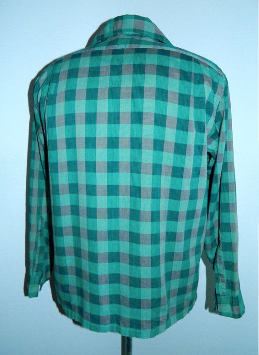 vintage 1940s teal plaid shirt Van Heusen Maggi button loop collar Mens S - M