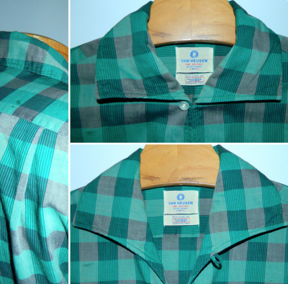 vintage 1940s teal plaid shirt Van Heusen Maggi button loop collar Mens S - M