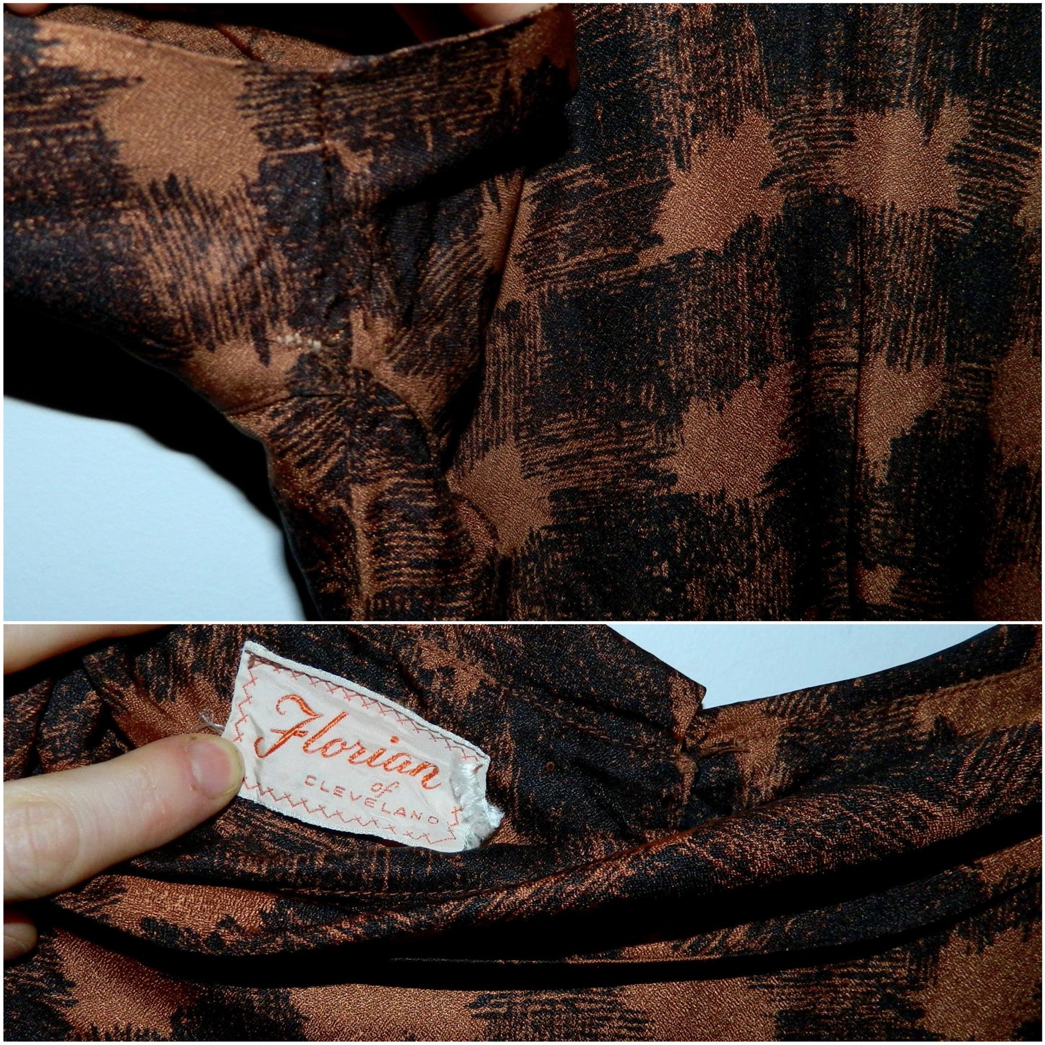 1960s chic vintage copper houndstooth Florian sheath dress bow back XS