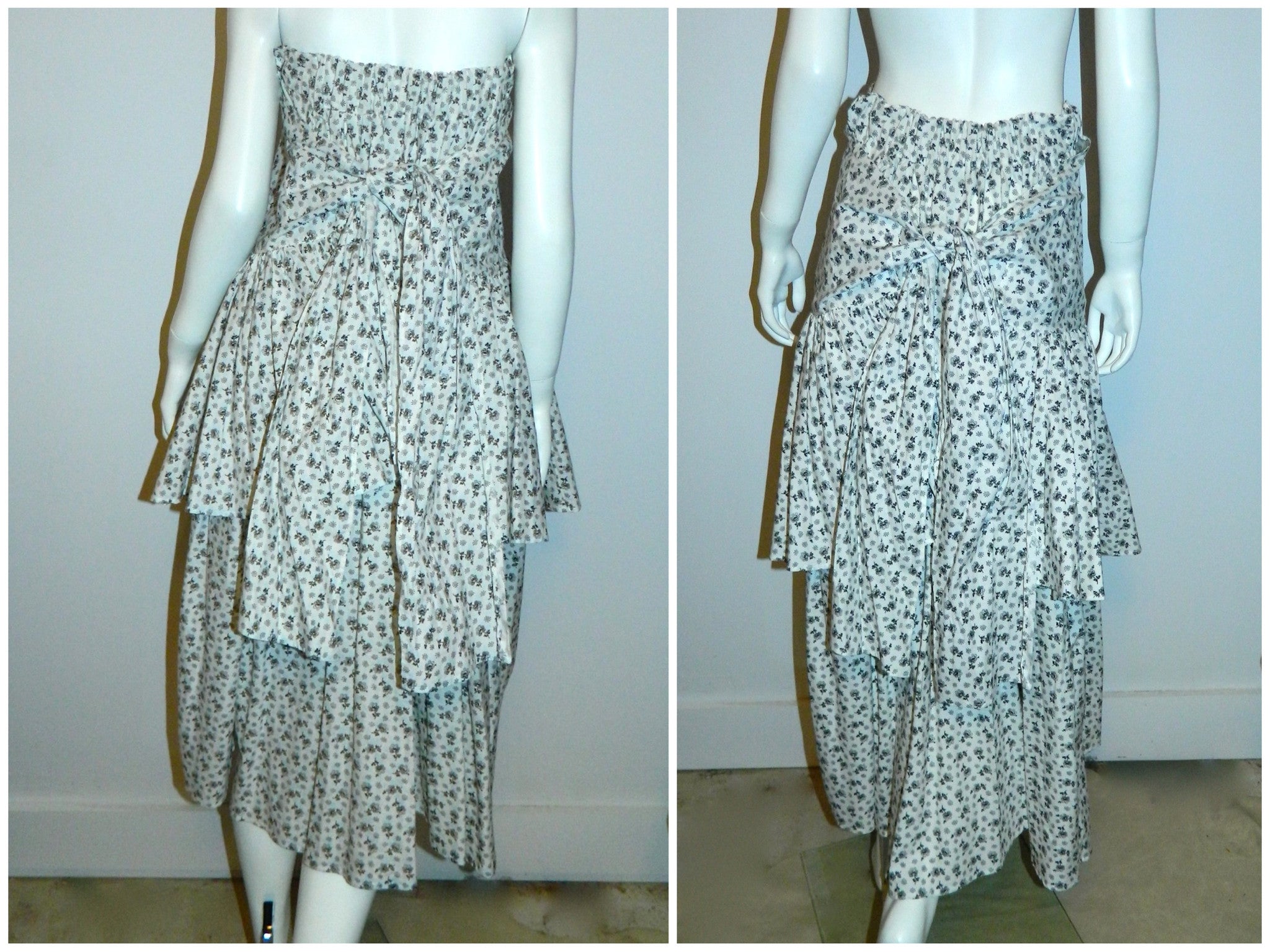 vintage white cotton KENZO floral print tiered skirt / 1980s strapless dress 40 / US Medium