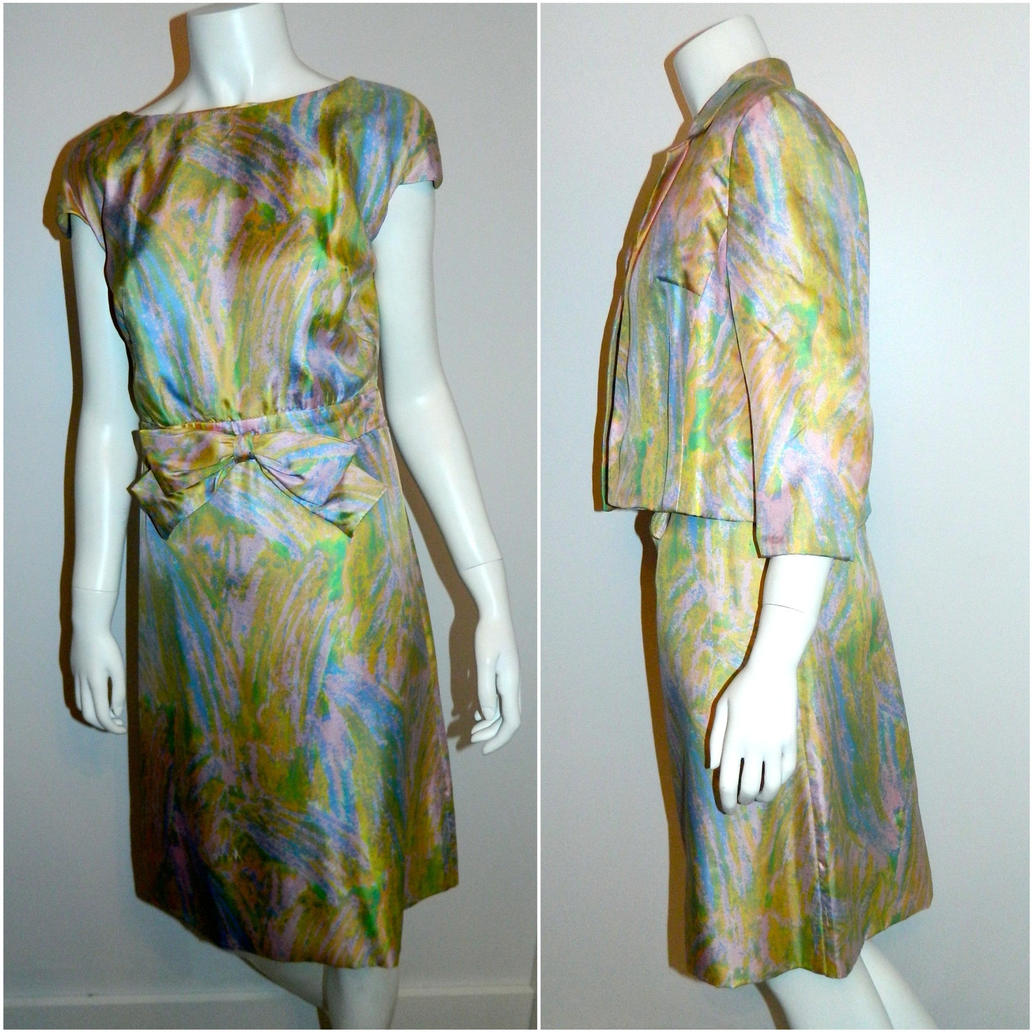 vintage 1960s pastel silk Miss Bergdorf dress jacket suit / impressionist Spring blooms watercolor XS