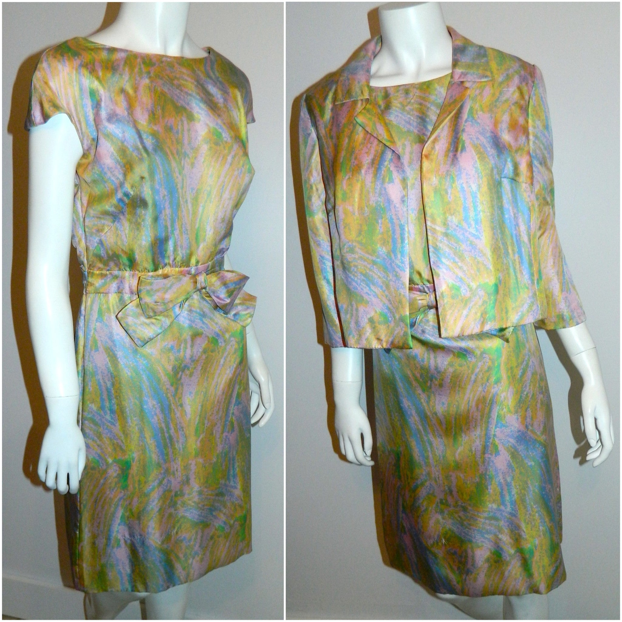 vintage 1960s pastel silk Miss Bergdorf dress jacket suit / impressionist Spring blooms watercolor XS