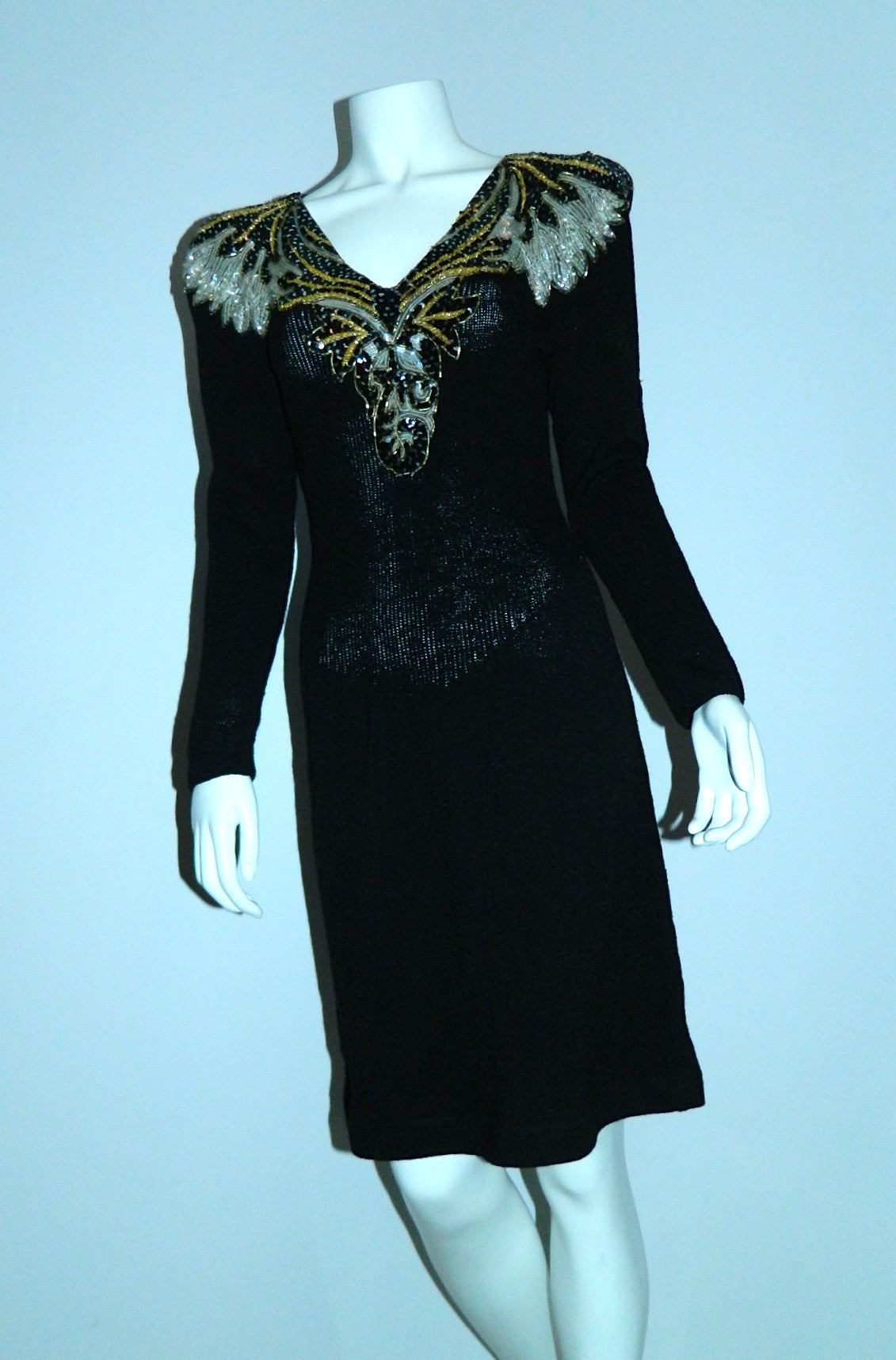 1980s GLAM black dress vintage Pat Sandler Wellmore sequin front knit dress